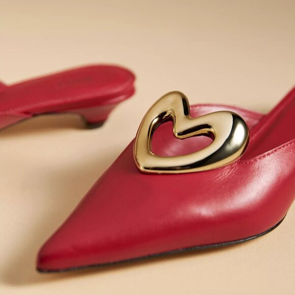 ❤️ ANTHROPOLOGIE Maeve Red Gold Heart Mule Kitten Heels Genuine Leather - Picture 3 of 12